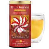 The Republic of Tea tin front showing festive mulled apple spice benefit aroma