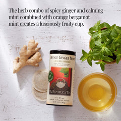 Hot cup of The Republic of Tea Orange Ginger Mint highlighting steam and comforting flavor