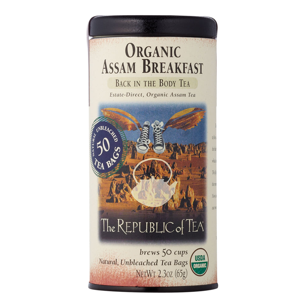 The Republic of Tea front packaging showing 50-count organic Assam tea, clear product branding and convenience