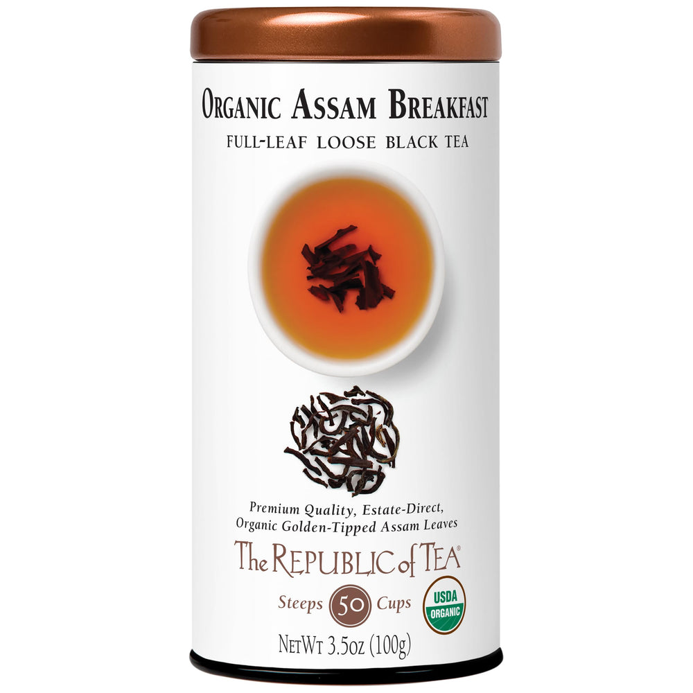 The Republic of Tea tin front view showing organic Assam branding and freshness