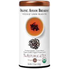 The Republic of Tea tin front view showing organic Assam branding and freshness