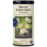 The Republic of Tea front box showing organic jasmine green tea and clear product benefit
