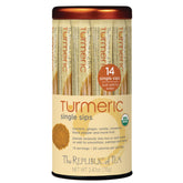 The Republic of Tea box front showing organic turmeric instant packets and branding, clear contents benefit