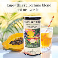 Top view of brewed Passion Fruit Papaya tea from The Republic of Tea showing vibrant color and aroma