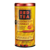 The Republic of Tea box front showing passionfruit mango red tea and clear labeling, bright shelf appeal