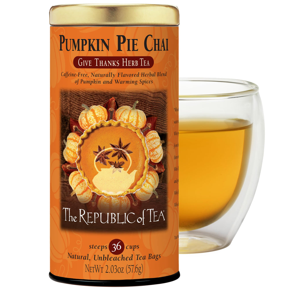 The Republic of Tea front tin showing pumpkin pie chai, keeps tea fresh