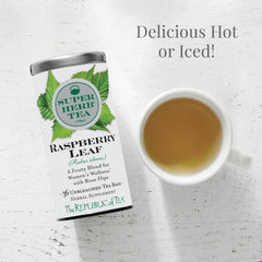 Steeping cup with The Republic of Tea bag for a soothing hot berry infusion
