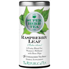 The Republic of Tea tin front shows raspberry leaf tea and convenient portability