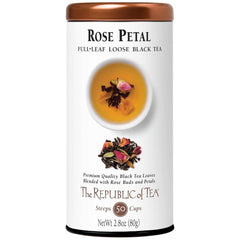 The Republic of Tea tin front view showing rose petal blend and resealable lid benefit freshness