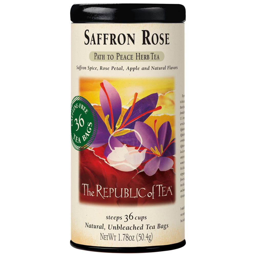 The Republic of Tea front tin showing saffron rose blend for aromatic, caffeine‑free enjoyment