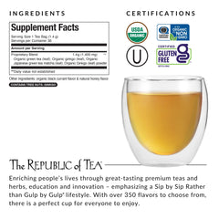 The Republic of Tea brewed cup in hand highlighting clear, focused energy