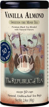 The Republic of Tea front box showing vanilla almond flavor and 50-count convenience