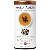 The Republic of Tea front tin showing vanilla almond blend and freshness benefit