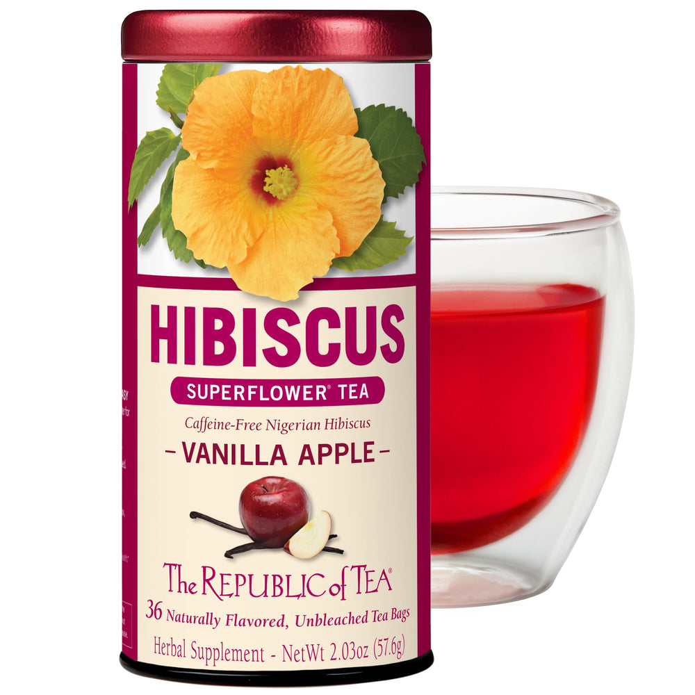 The Republic of Tea front box showing vanilla apple hibiscus blend and 36-count convenience