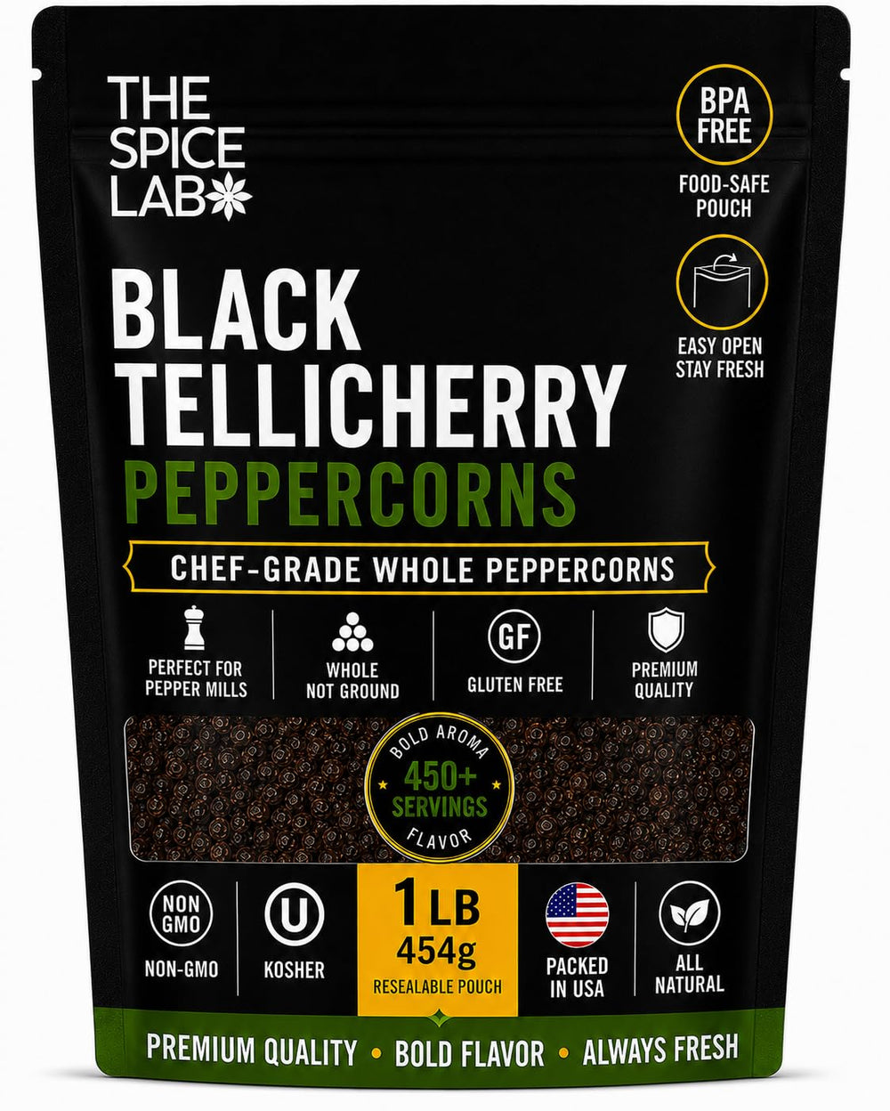 The Spice Lab front packaging of 1 lb bag showing product and resealable pouch benefit