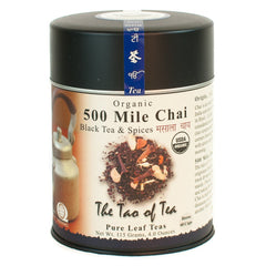 The Tao of Tea 500 Mile Chai tin front view showing label, protects flavor and is easy to store