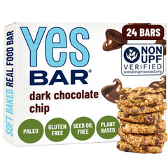 The YES Bar front packaging showing dark chocolate chip variety and clear labeling benefit