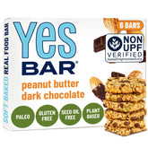 The YES Bar front packaging showing peanut butter dark chocolate and benefits