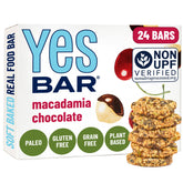 The YES Bar front packaging showing macadamia chocolate benefits breakfast convenience