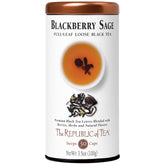 The Republic of Tea tin front view showing blackberry sage branding and freshness benefit