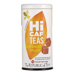 The Republic of Tea box front showing HiCAF Caramel high-caffeine 50-count benefit