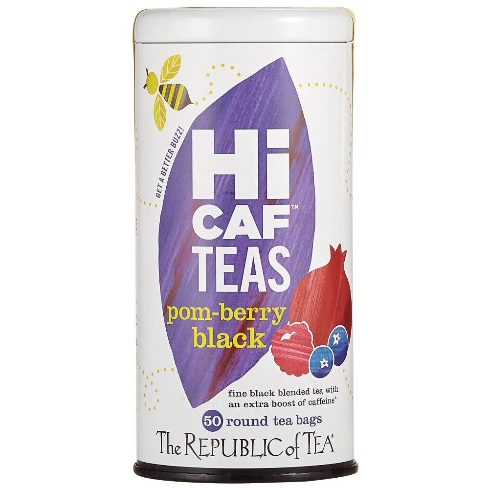 The Republic of Tea front packaging showing HiCAF Pom Berry benefits and 50-count convenience