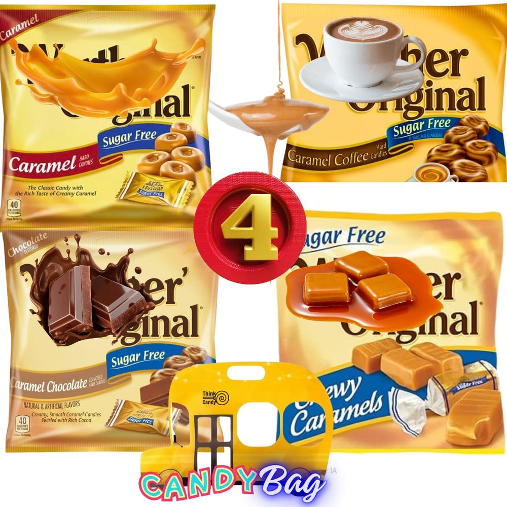 Think Candy front packaging showing four small sugar-free caramel bags and resealable zip bag for convenience