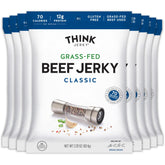 Think Jerky front packaging showing 2.2 oz bag and branding benefit