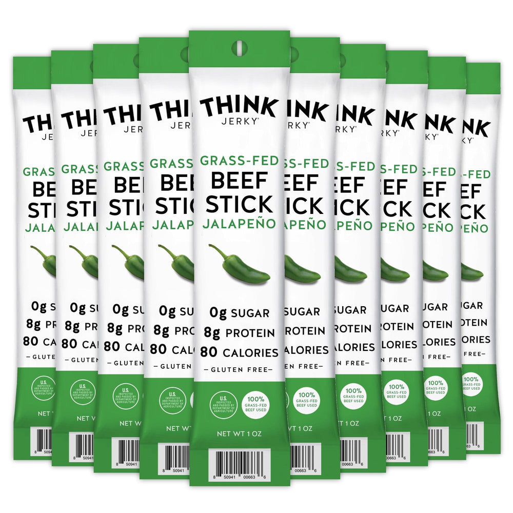 Think Jerky front packaging showing 10-pack and benefits for easy identification