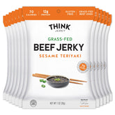 Think Jerky front packaging showing sesame teriyaki flavor and benefits