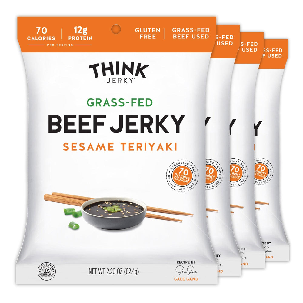 Think Jerky front packaging showing sesame teriyaki flavor and nutrition benefits
