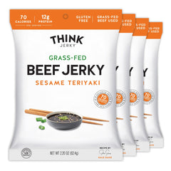 Think Jerky front packaging showing sesame teriyaki flavor and nutrition benefits
