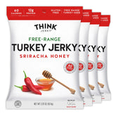 Think Jerky front pack showing sriracha honey flavor and benefits