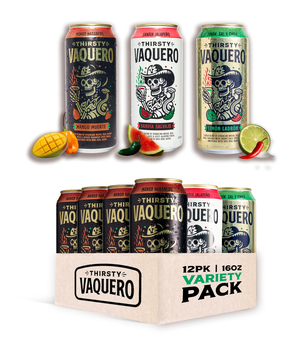 Thirsty Vaquero front packaging showing vibrant cans and cultural artwork for shelf appeal