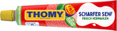 Thomy jar front label showing Scharfer Senf and bold spicy flavor benefit