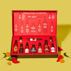 Thoughtfully close-up of label detail highlighting flavor names and Scoville hints