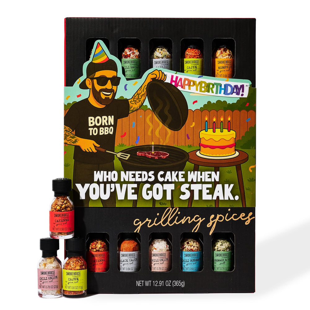 Thoughtfully Smokehouse front packaging showing 20-spice gift set and birthday wrap benefit