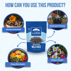 Thousand Lakes opened resealable pouch with rice pouring, easy storage benefit