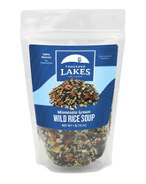 Thousand Lakes front packaging showing 1 lb wild rice soup mix, highlights natural ingredients