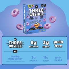 Three Wishes blueberry cereal in bowl with plant milk for a satisfying breakfast