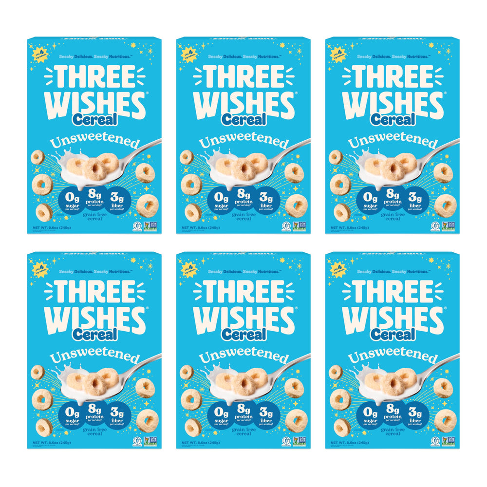 Three Wishes front packaging showing unsweetened cereal and benefits