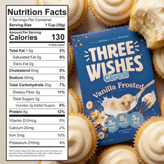 Three Wishes cereal in a bowl with milk showcasing protein-packed breakfast