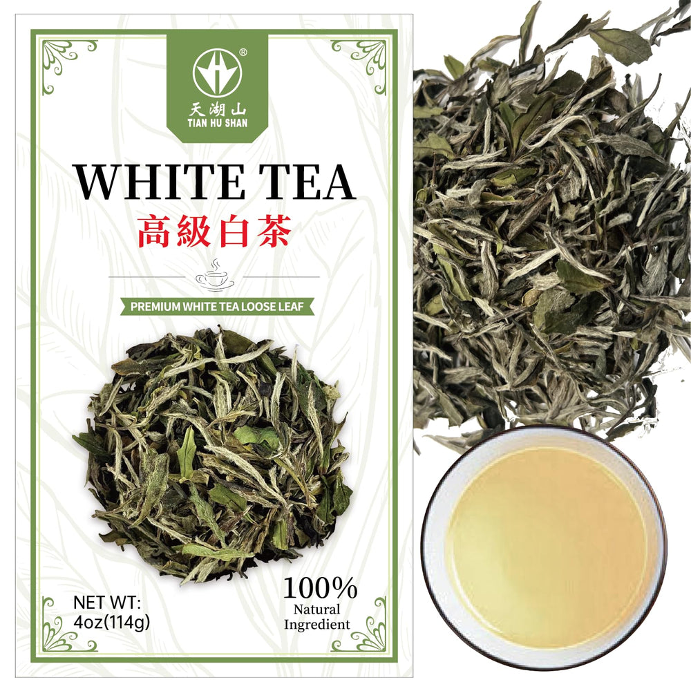 Tian Hu Shan front packaging showing premium white tea tin, preserves freshness