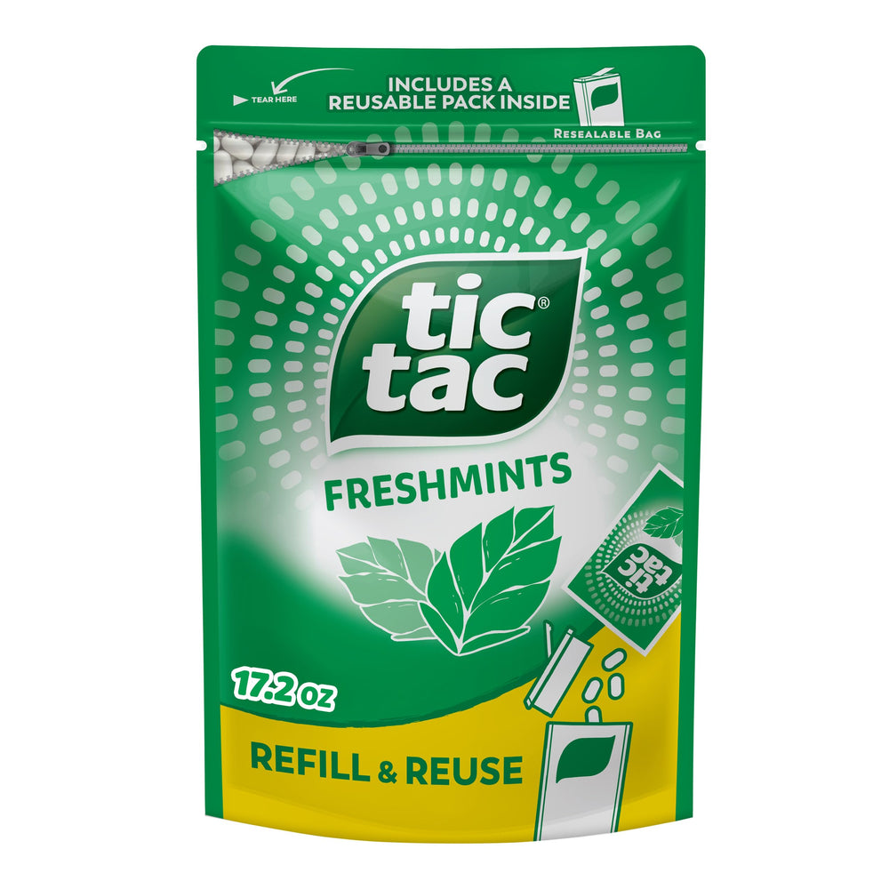 Tic Tac bulk front packaging showing resealable bag and dispenser benefit convenience