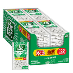 Tic Tac front packaging showing compact portable container and easy carry benefit