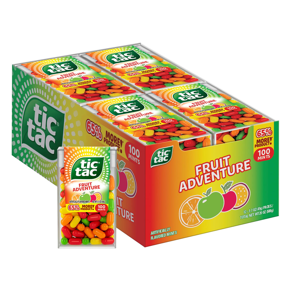 Tic Tac front packaging showing colorful Fruit Adventure pack and instant refresh