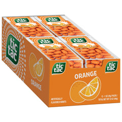 Tic Tac front packaging showing orange 1-ounce pack and clear case for quick recognition and portability