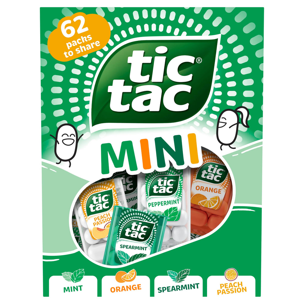 Tic Tac front packaging showing variety share pack and clear flavor labels for quick choice