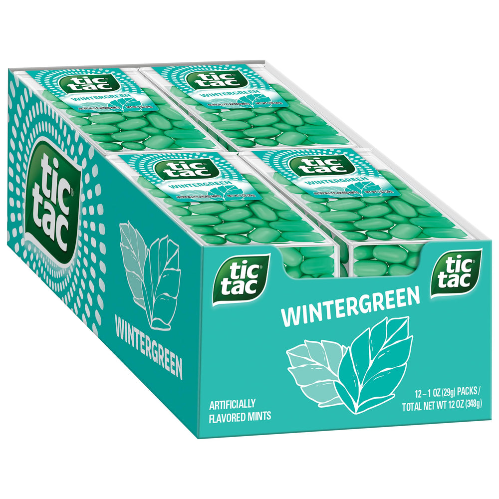 Tic Tac front packaging showing wintergreen mints and portability benefit