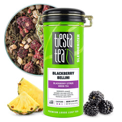 Tiesta Tea front packaging showing Blackberry Bellini pouch and label benefits